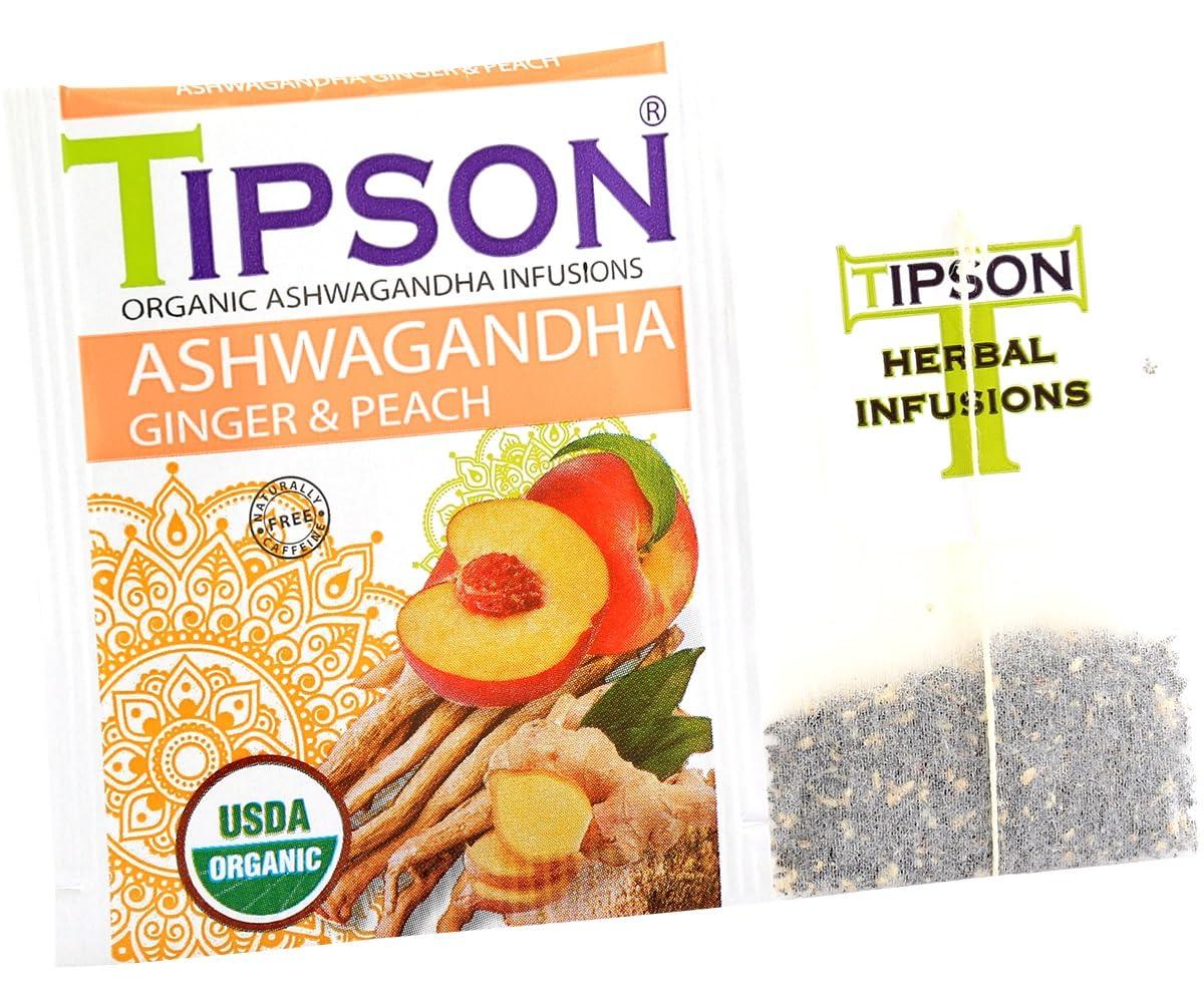 Tipson Tipson Organic Ashwagandha Tea Infusions - Ginger & Peach - Caffeine Free, Non GMO, Gluten Free - 25 Premium Tea Bags (Pack of 1)