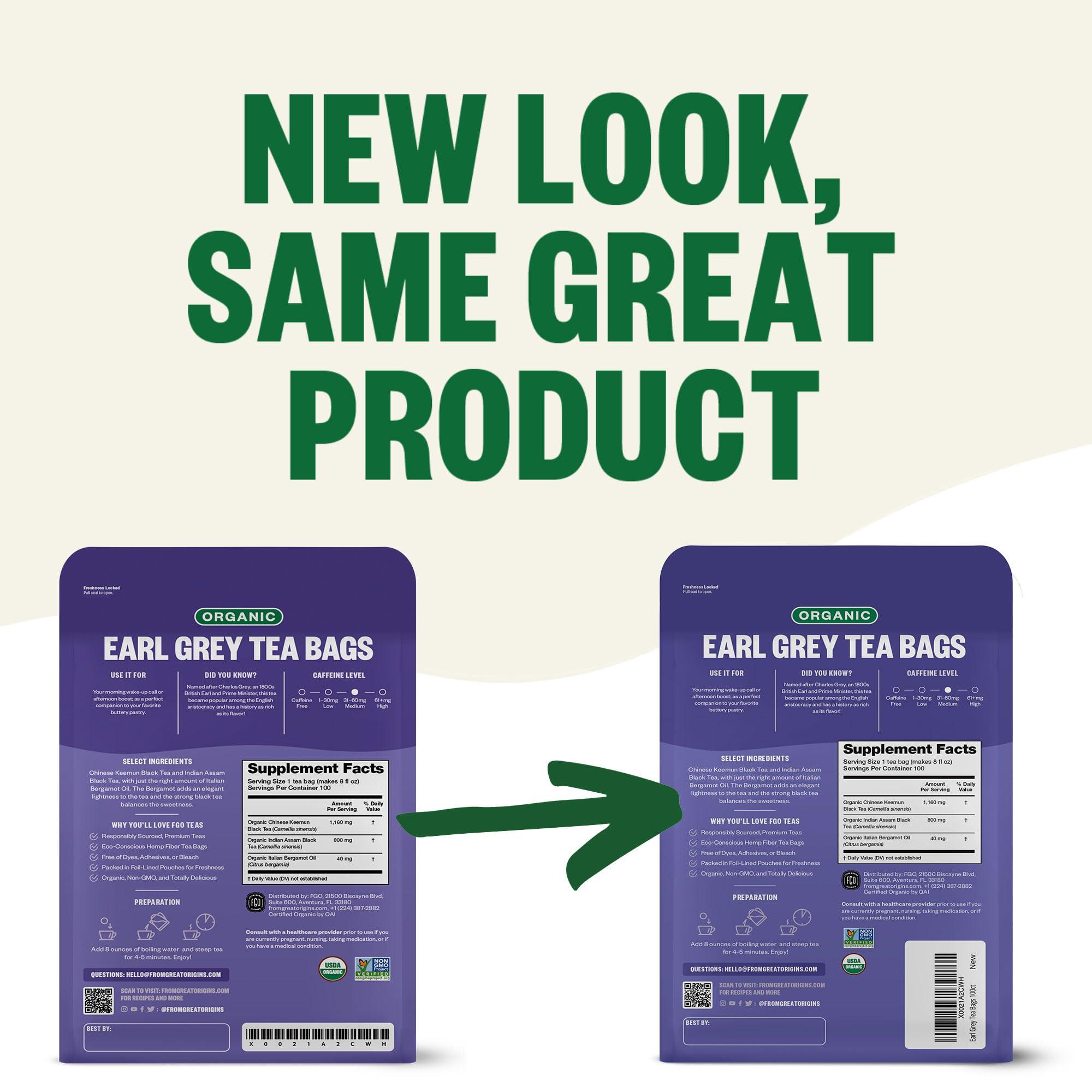 FGO FGO Organic Earl Grey Black Tea, 100 Count, Eco-Conscious Tea Bags, Resealable Bag, Packaging May Vary (Pack of 1)