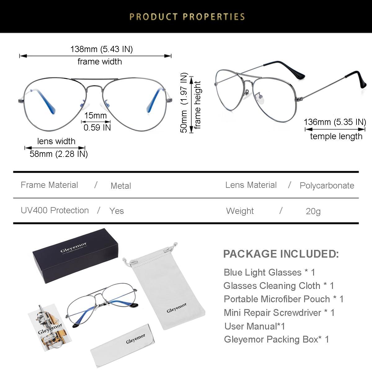 Gleyemor Classic Aviator Blue Light Glasses for Women Men, Metal Frame Clear Lens Eyeglasses (Gunmetal)