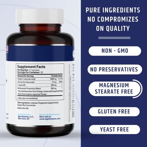 AgeImmune Vitamin C 1000mg Complex with L-Lysine 500mg, Zinc Gluconate 12mg, Bioflavonoids 300mg. Doctor Formulated Magnesium Stearate Free Supplements for Healthy Immune System Support. Two Bottles.(2)