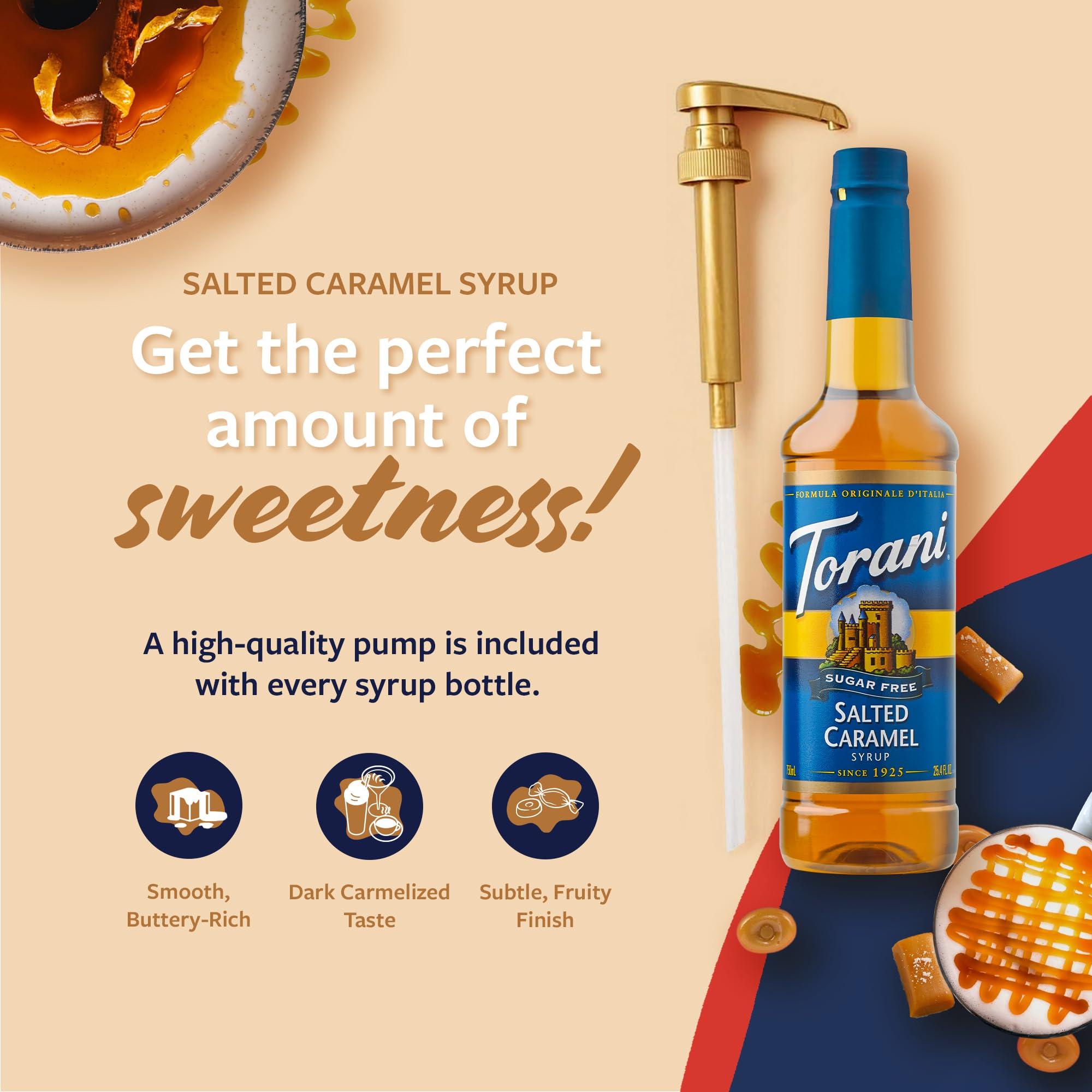 Torani Torani Sugar Free Coffee Syrup, Salted Caramel Flavored Syrup for Drinks, Zero Calorie, Pump Included, 25.4 Fl Oz