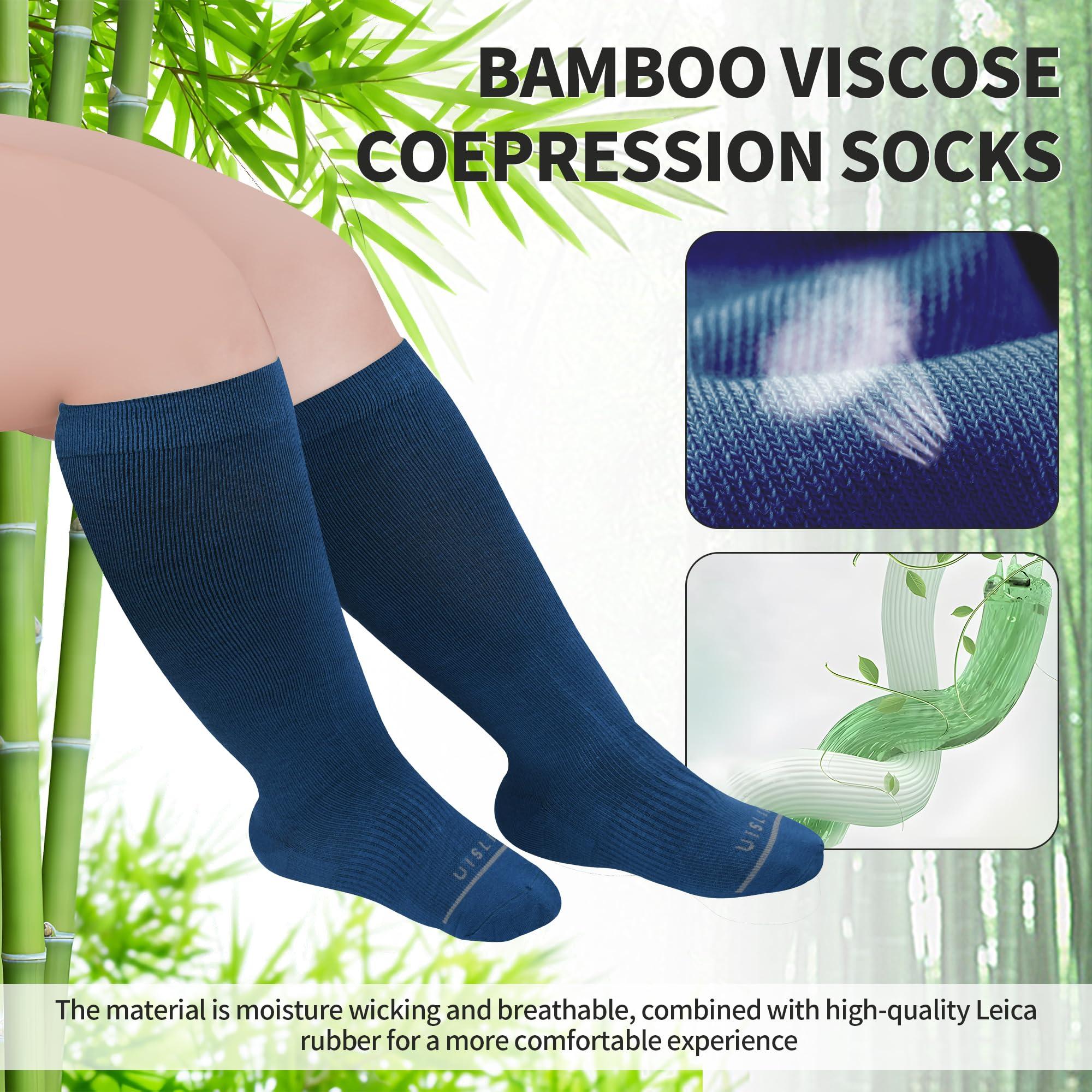 UISLII UISLII Plus Size Compression Socks Wide Calf Women Men,5 Pairs 20-30mmHg Extra Width Calf Viscose Knee High Compression Socks for Circulation Support(Black+White+Grey+Navy+Dark Blue-4XL)