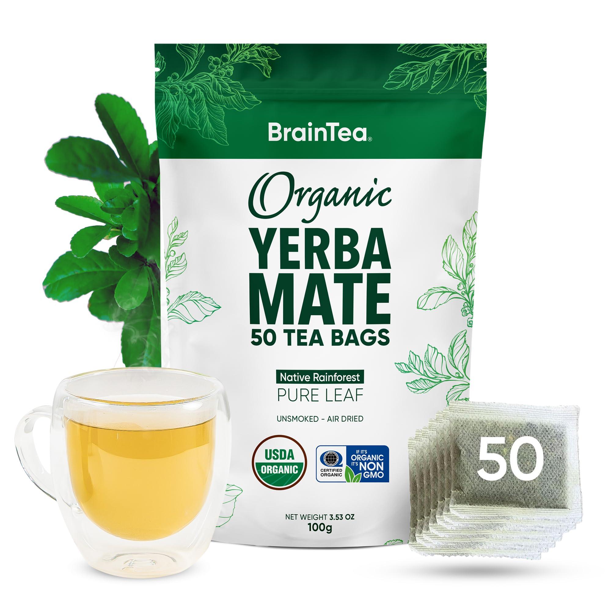 Brain Tea Yerba Mate Tea Organic - Brain Tea Organic Yerba Mate Tea bags 50 count - Native Rainforest Sourced, Unsmoked & Air-Dried, High Caffeine Matte Tea for Detox & Focus Boost - 100g