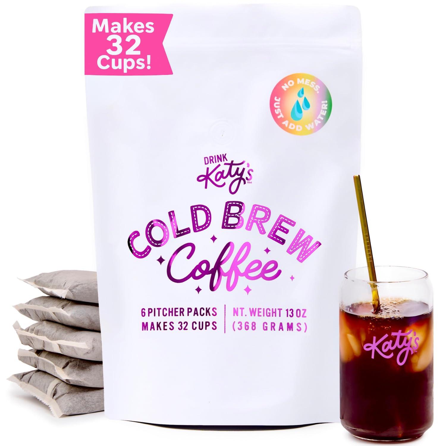 DRINK KATY'S Drink Katys Cold Brew Coffee Packs, 6 Large Ready-to-Brew Pitcher Packets, No More Messy Cold Brew, Smooth & Delicious Dark Roast Brazilian Craft Coffee, Proudly Woman-Owned (Makes 32 Servings) (6 Pack, Cold Brew)