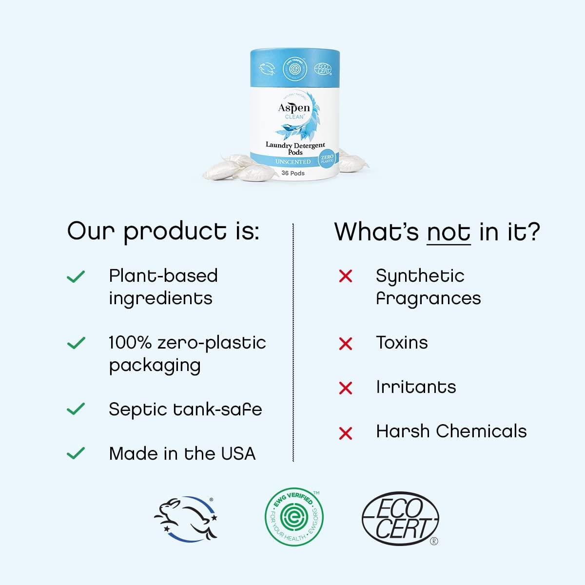 AspenClean Unscented Laundry Pods by AspenClean, New and Improved Packaging, Zero Plastic, EWG Verified™, Vegan, Hypoallergenic Natural Laundry Detergent - 36 Count