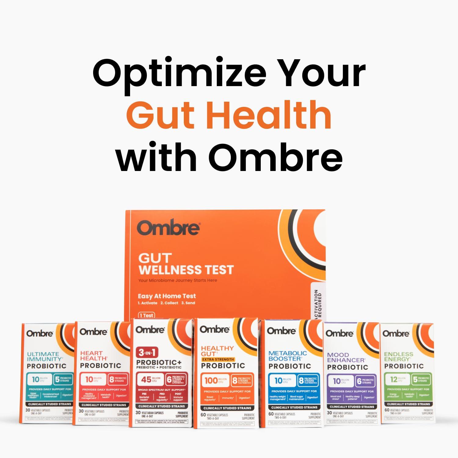 Ombre Ombre Gut Health Test Kit - Probiotic Recommender at Home Test for Women & Men - Detailed Custom Gut Microbiome Analysis for Digestive, Immune and Mental Health with Food Suggestions