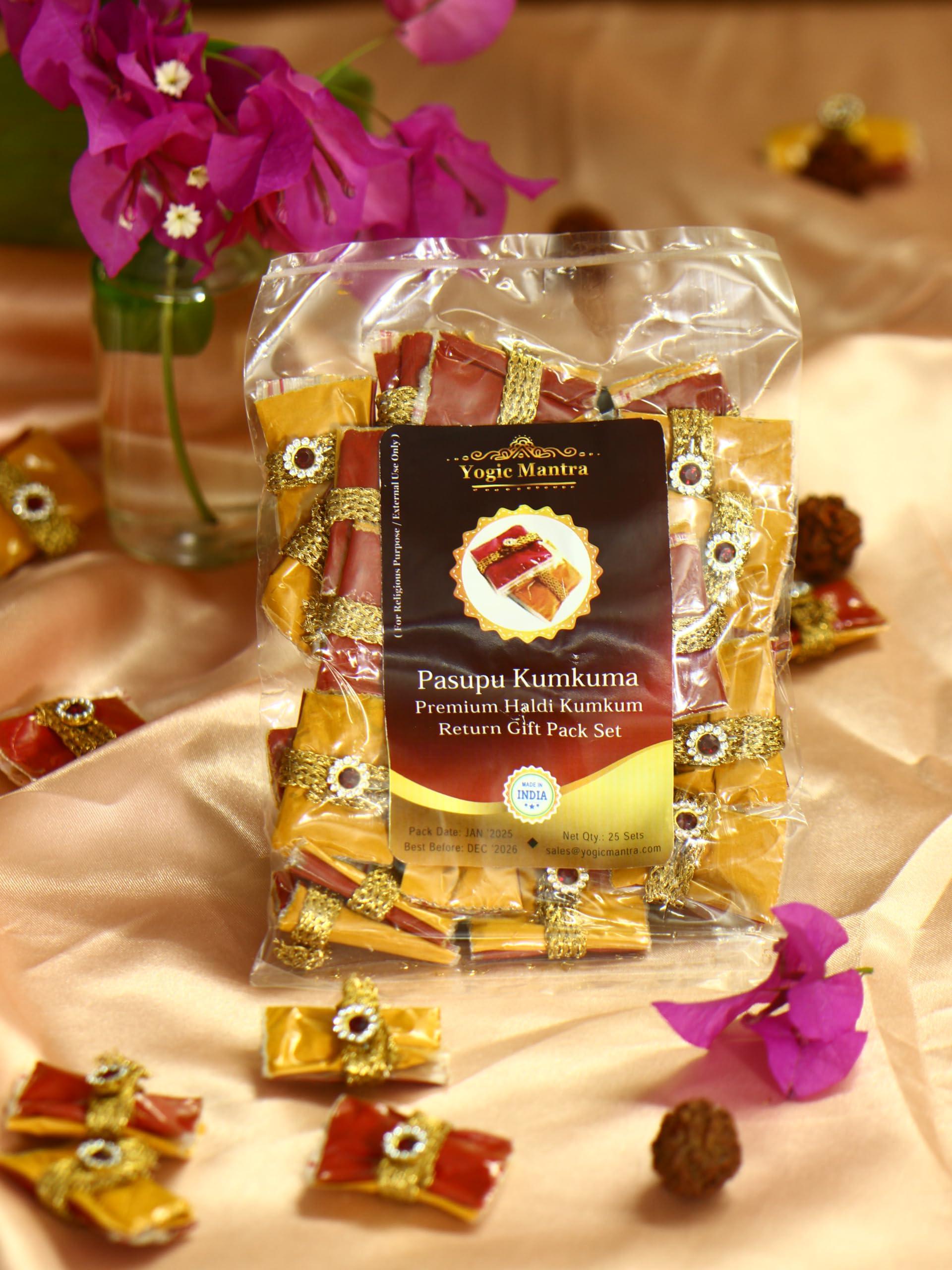 Yogic Mantra Yogic Mantra Pasupu Kumkuma Return Gift Packets | Set of 25 Haldi Kumkum Mini Packs | Premium Kumkum and Turmeric Powder Combo | Indian Thamboolam Set for Durga Puja | Thambulam Give Away Pooja Gifts