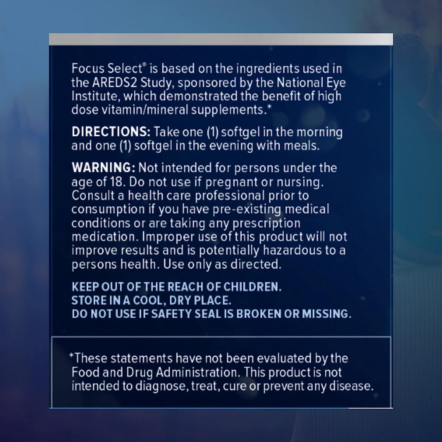 Focus Vision Supplements Focus Select AREDS2 Based Eye Vitamin-Mineral Supplement - AREDS2 Based Supplement for Eyes (60 ct. 30 Day Supply) - AREDS2 Based Low Zinc Formula - Eye Vision Supplement and Vitamin