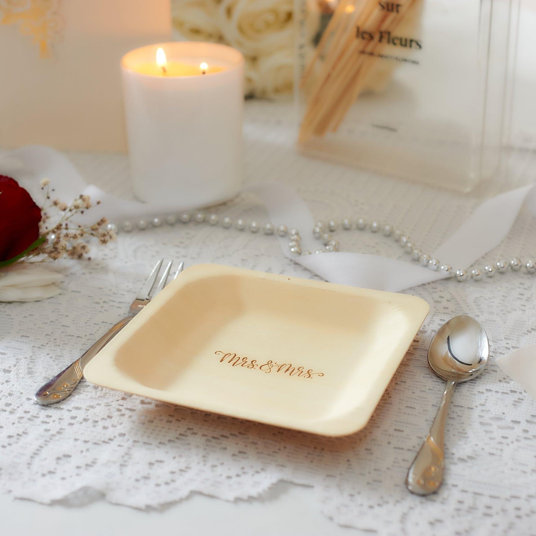 Wood & Wonder Mrs. and Mrs. Disposable Wedding Plates Rustic, Compostable Alternative to Plastic Plates for Wedding Receptions, Engagement Parties, and Rehearsal Dinners (Appetizer, 50-Pack)
