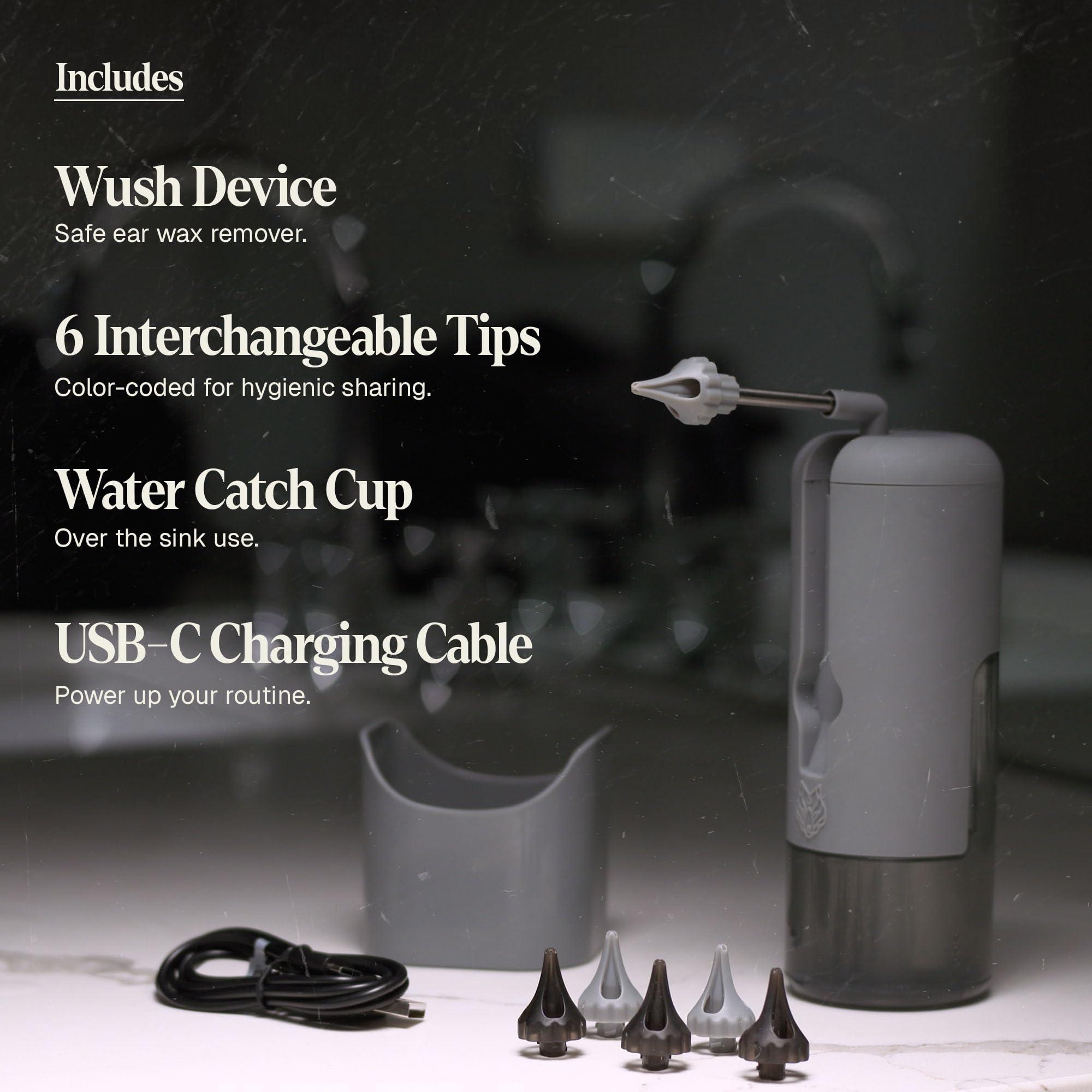 Black Wolf Wush Pro by Black Wolf - The Original Deluxe Water Powered Ear Cleaner with 6 Reusable Replacement Tips by Black Wolf - Safe & Effective for Ear Wax Buildup - Electric Ear Wax Removal Kit (Grey)