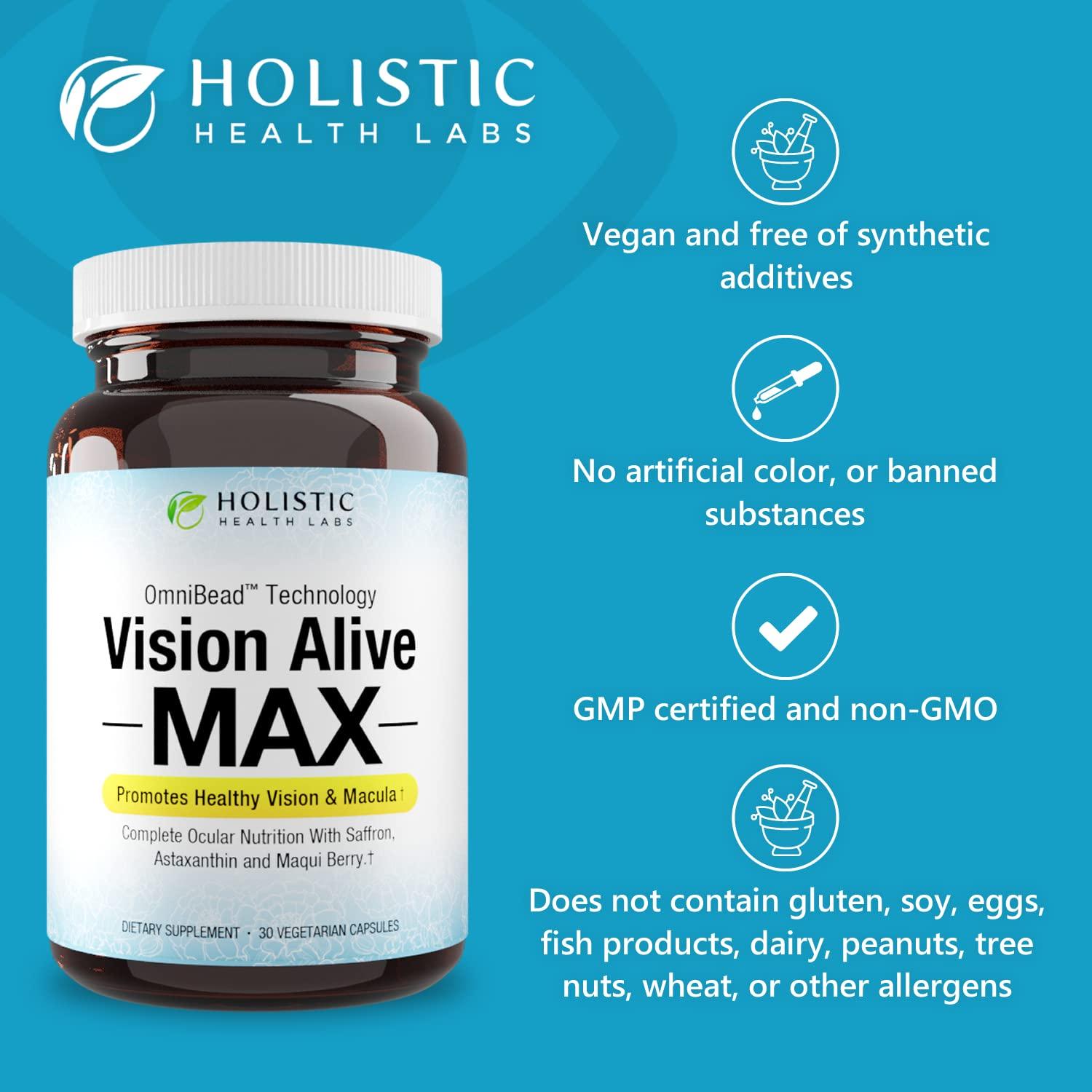 Holistic Health Labs Holistic Health Labs Vision Alive Max with 8 Natural Ingredients Lutemax 2020, Bilberries, Blueberries, c3g from Black Currant, Maqui Berry, Saffron, and Astaxanthin (30 Count (Pack of 2))