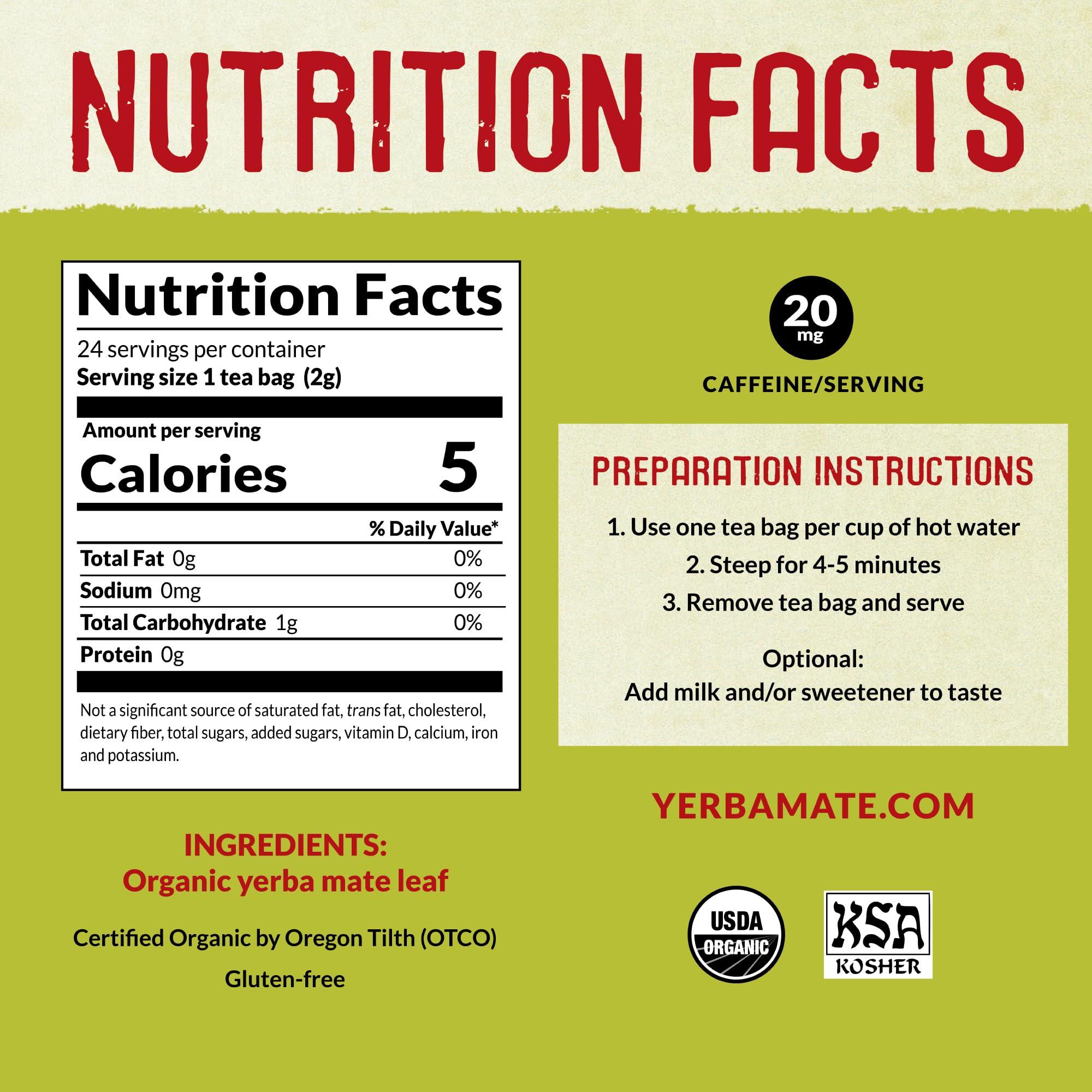 ECOTEAS ECOTEAS Organic Unsmoked Yerba Mate Tea Bags - 24 Count, 1.7 Oz - Organic Detox Tea - Hi Caf Tea - Clean Yerba Mate Energy Burst - Ecoteas Yerba Mate