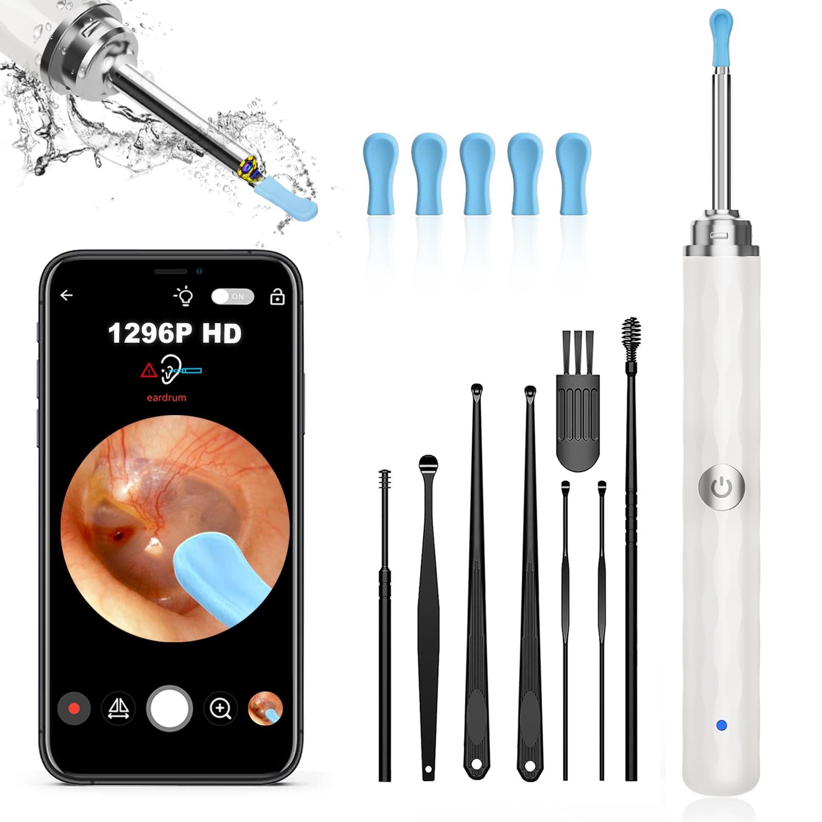 Right Ear Wax Removal, Ear Cleaner with Camera and Light, Ear Wax Removal Kit with 1296P Otoscope, Ear Cleaning Tool with 6 Ear Spoon, Ear Camera for iPhone & Android Phones,White