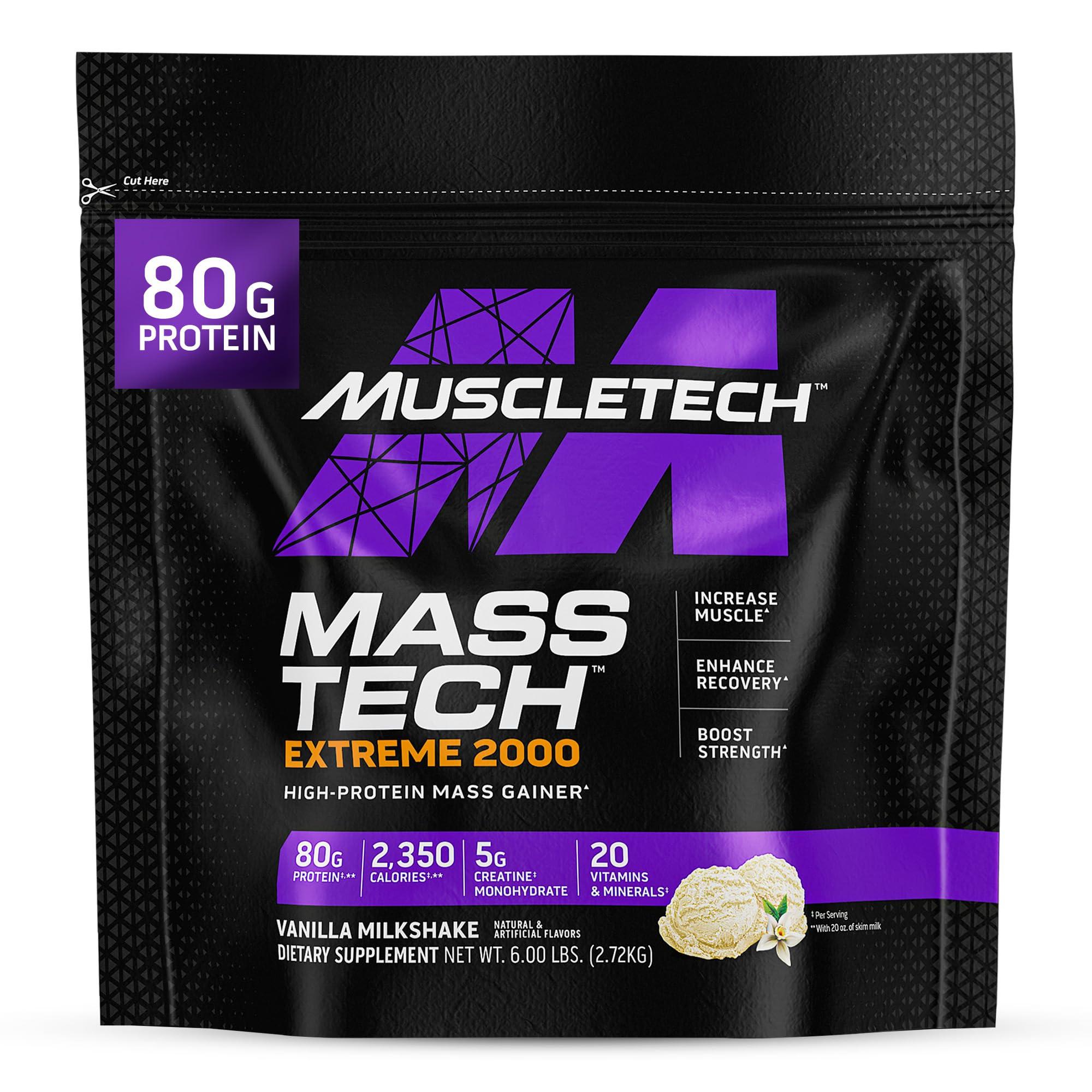 MuscleTech Muscletech High-Protein Mass Gainer (Vanilla Milkshake, 6LB) - Mass Tech Extreme 2000 Mass Gainer Protein Powder Supplement - Weight Gainer for Increase Muscle, Enhanced Recovery & Strength