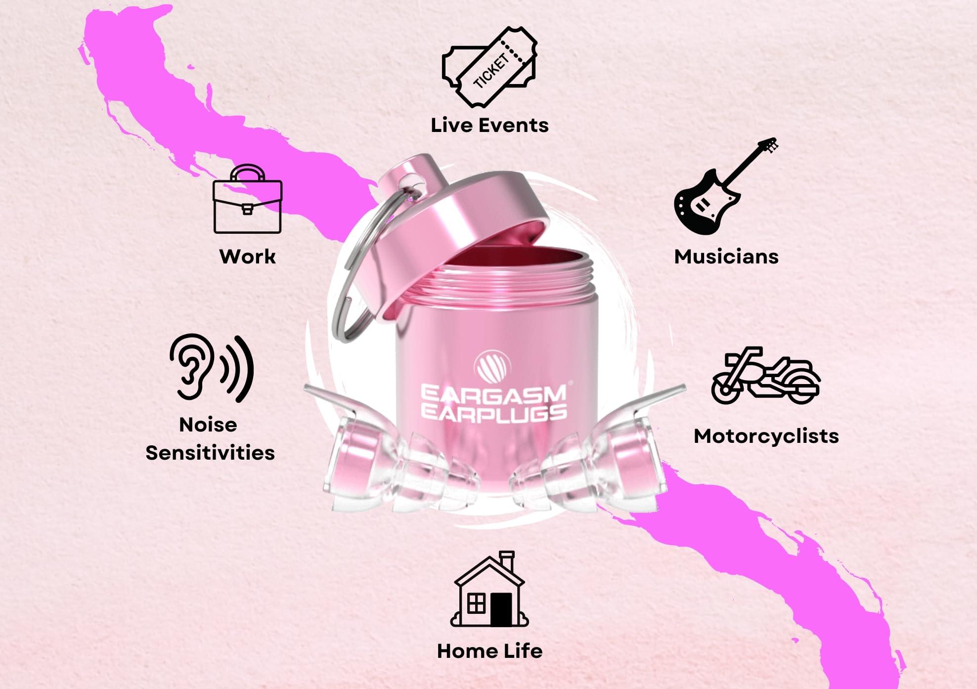 Eargasm Eargasm Pink Edition Set: 1 Pair of High Fidelity Ear plugs + 1 Pair of Smaller Earplugs for Concerts, Music Festivals, Sports, Noise Sensitivity