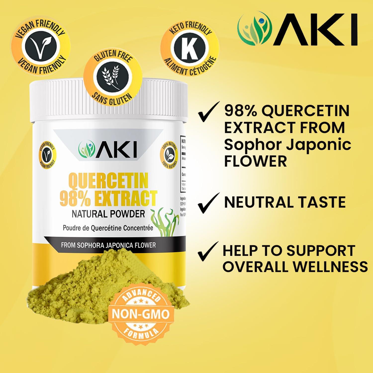 AKI ORGANIC AKI Quercetin Powder 98% Sophora Japonica Flower Extract Quercetin 725mg, Helpful in Increase Energy & Overall Wellness - Non GMO & Gluten Free - Vitamin Dietary Supplement (1oz/28.35g)