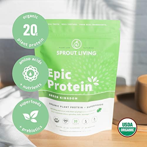 Sprout Living Sprout Living Epic Protein, Plant Based Protein & Superfoods Powder, Green Kingdom | 20 Grams Organic Protein Powder, Greens, Vegan, Non Dairy, Non-GMO, Gluten Free, Low Sugar (1 Pound, 12 Servings)