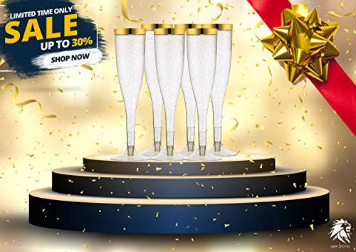 TasteOfQuality 50 Gold Rimmed Sparkle Plastic Champagne Flutes, Gold Glitter, 6.5 Oz Reusable Heavy Duty Wine Glass, Clear Plastic Toasting Glasses, Disposable Plastic Wine Glasses, cups for Bachelorette Party.