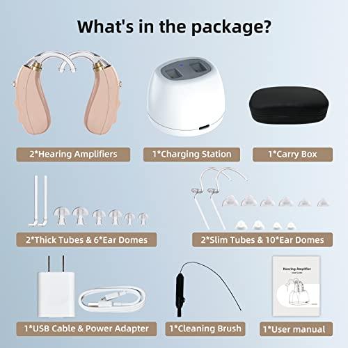 LUXATO Hearing Aids for Seniors and Adults, Behind-The-Ear (BTE) Hearing Amplifier with DSP Digital Chip & Dual Noise Cancellation, Digital Hearing Amplifier with Charging Dock (Pair)