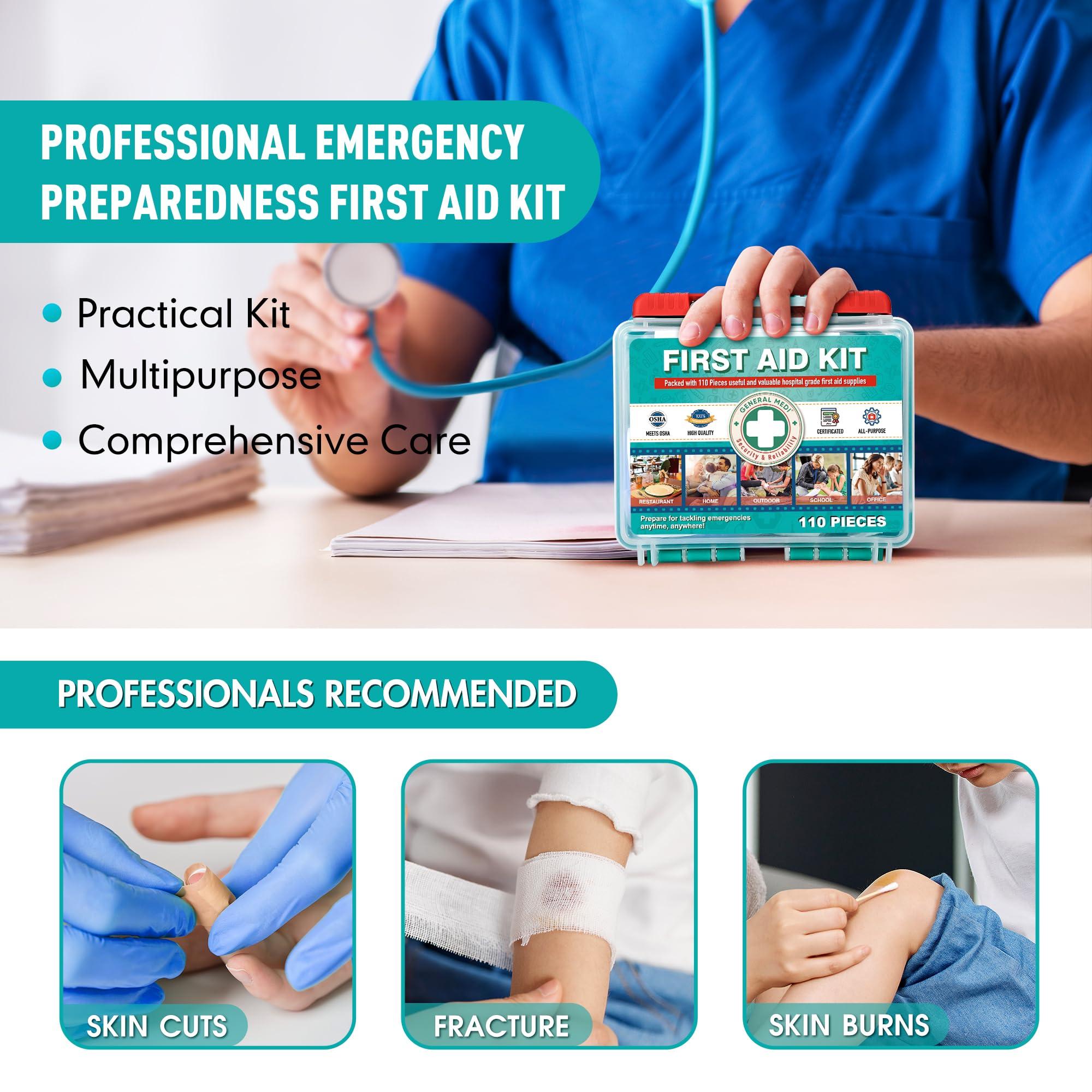 General Medi General Medi 110 Pieces Small First Aid Kit - HardCase First Aid Box - Contains Premium Medical Supplies for Travel, Home, Office, Vehicle, Camping, Workplace & Outdoor