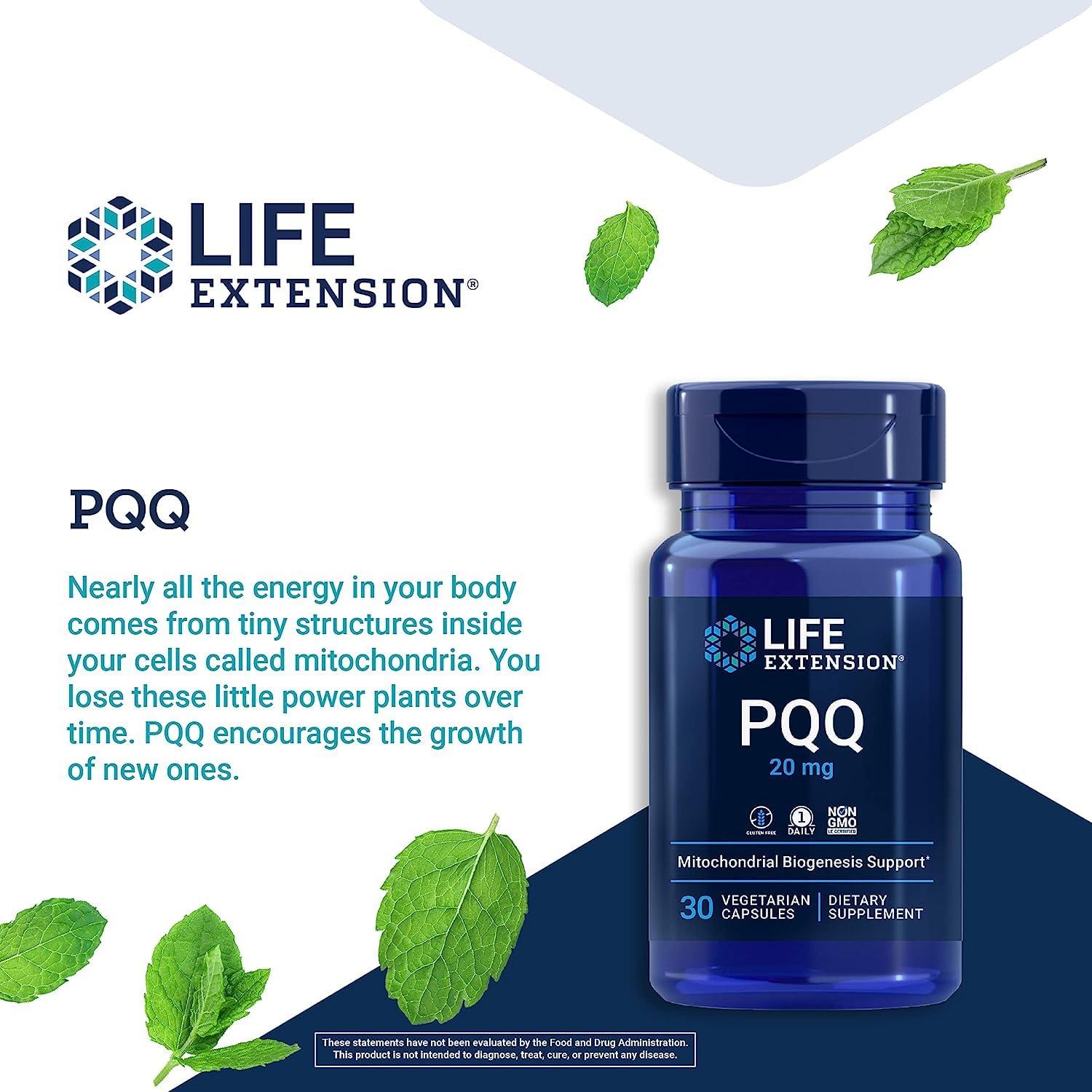 Life Extension Life Extension PQQ (Pyrroloquinoline Quinone) 20mg Promotes The Growth of New Cellular Mitochondria - Gluten-Free, Once-Daily, Non-GMO, Vegetarian - 30 Vegetarian Capsules (Pack of 2)