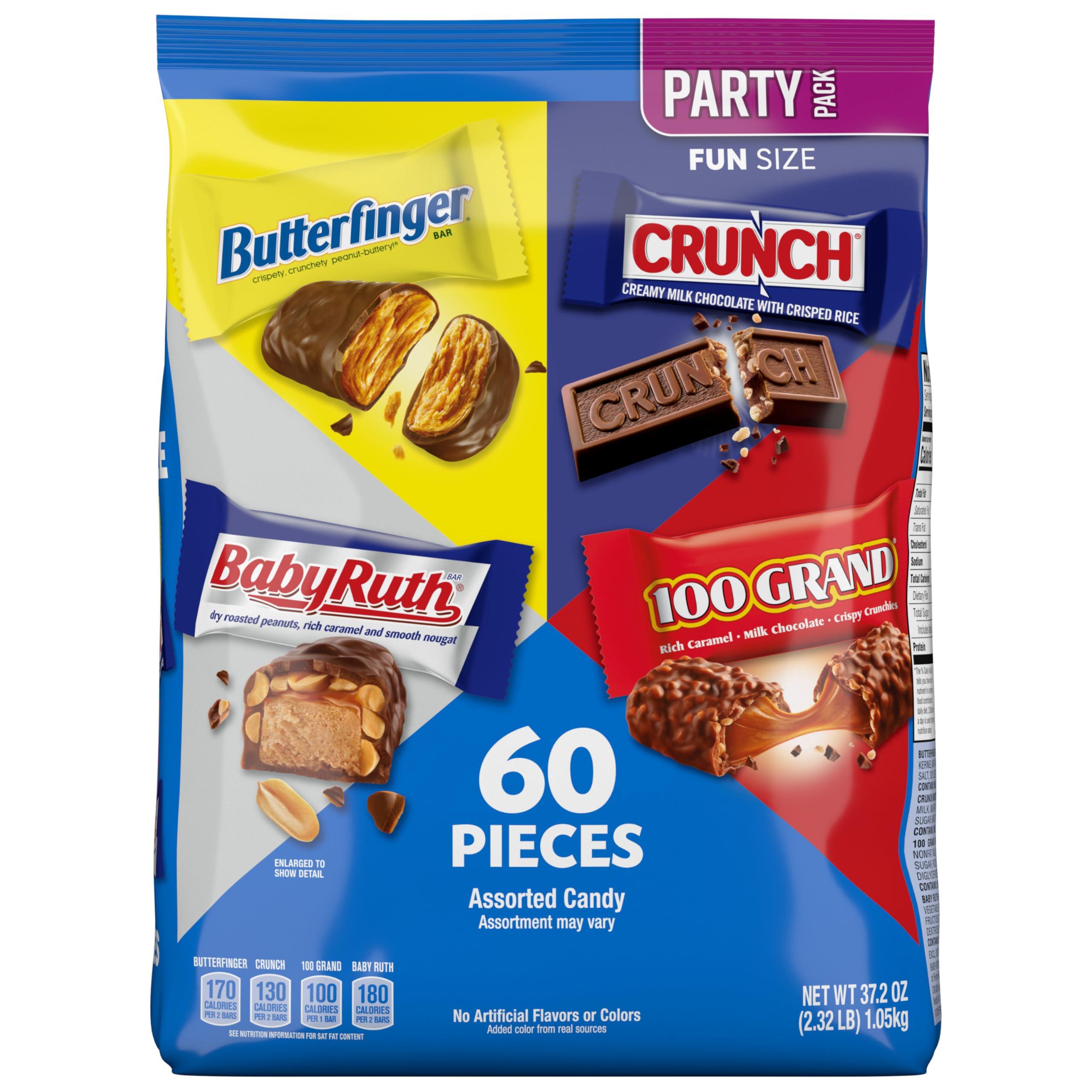 Butterfinger Butterfinger, CRUNCH, Baby Ruth and 100 Grand, Bulk 60 Pack, Assorted Fun Size Chocolate Candy Bars, Stocking Stuffers, 37.2 oz