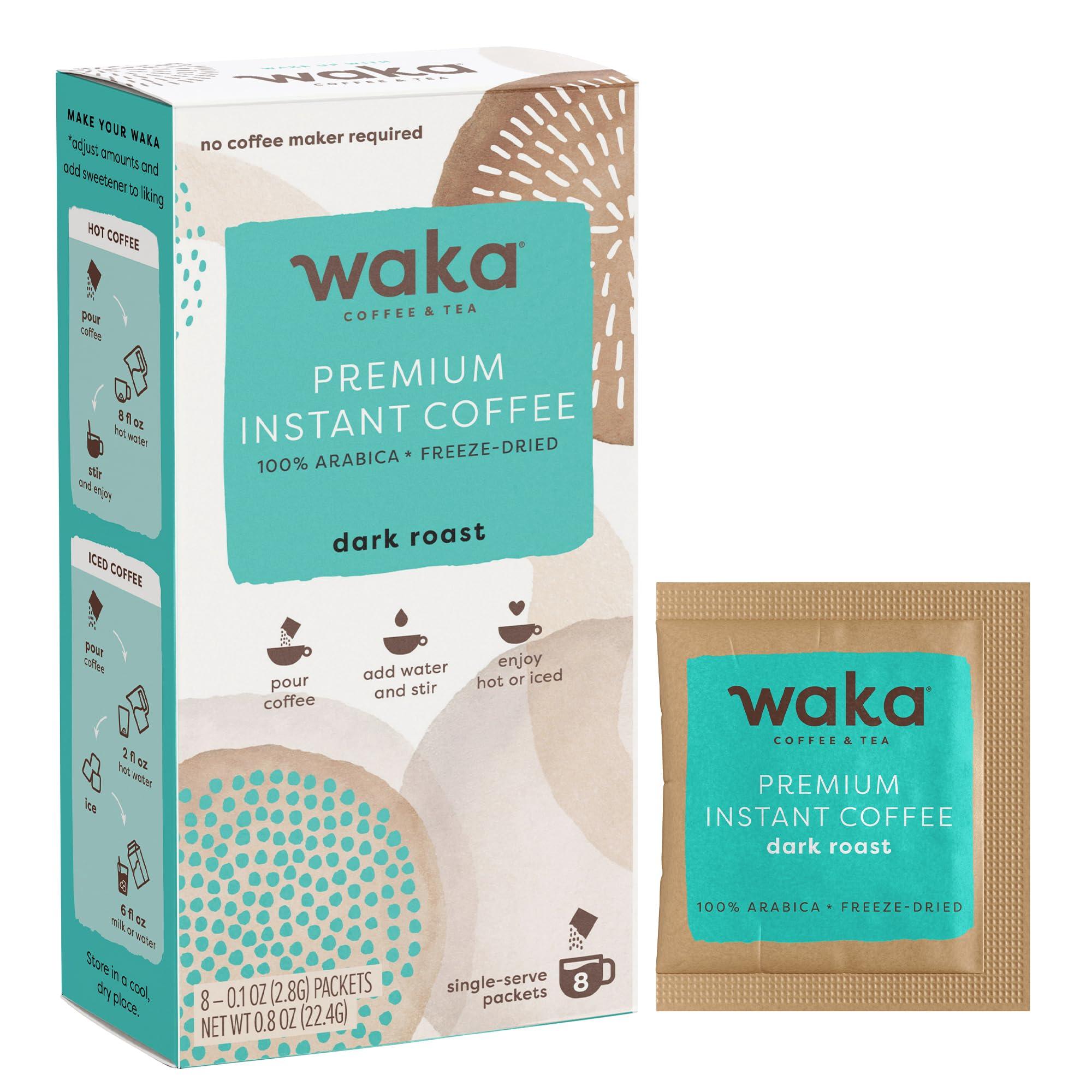 Waka Coffee Waka Instant Coffee, Dark Roast - 100% Arabica Beans, Freeze Dried Granules, No Additives - Single Serve Packets for Quick Hot and Iced Coffees (8 Individual Coffee Packets)
