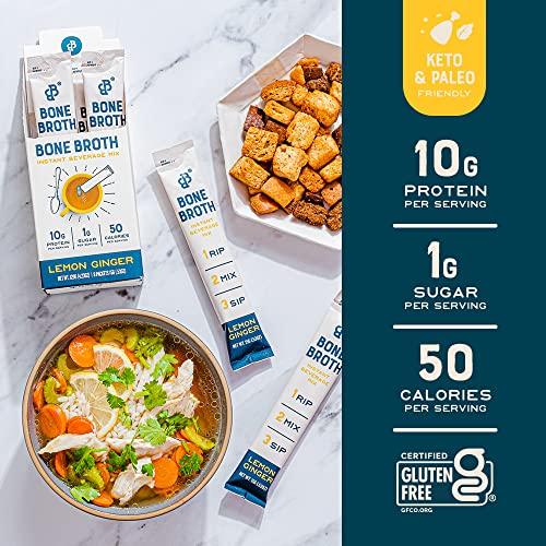 Bare Bones Bare Bones Bone Broth Instant Powdered Mix, Lemon Ginger, Pack of 8, 15g Sticks, 10g Protein, Keto & Paleo Friendly Bone Broth Packets