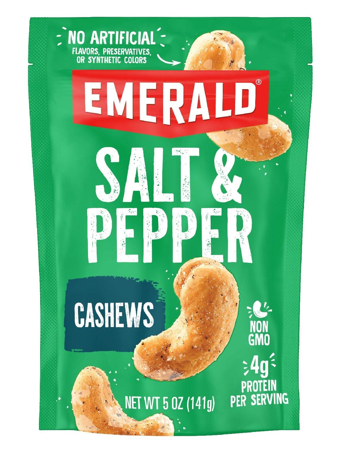 Emerald Emerald Nuts Salt and Pepper Seasoned Cashews (1-Pack), 5oz Resealable Bag, Kosher Certified, Non-GMO, Contains No Artificial Preservatives, Flavors or Synthetic Colors