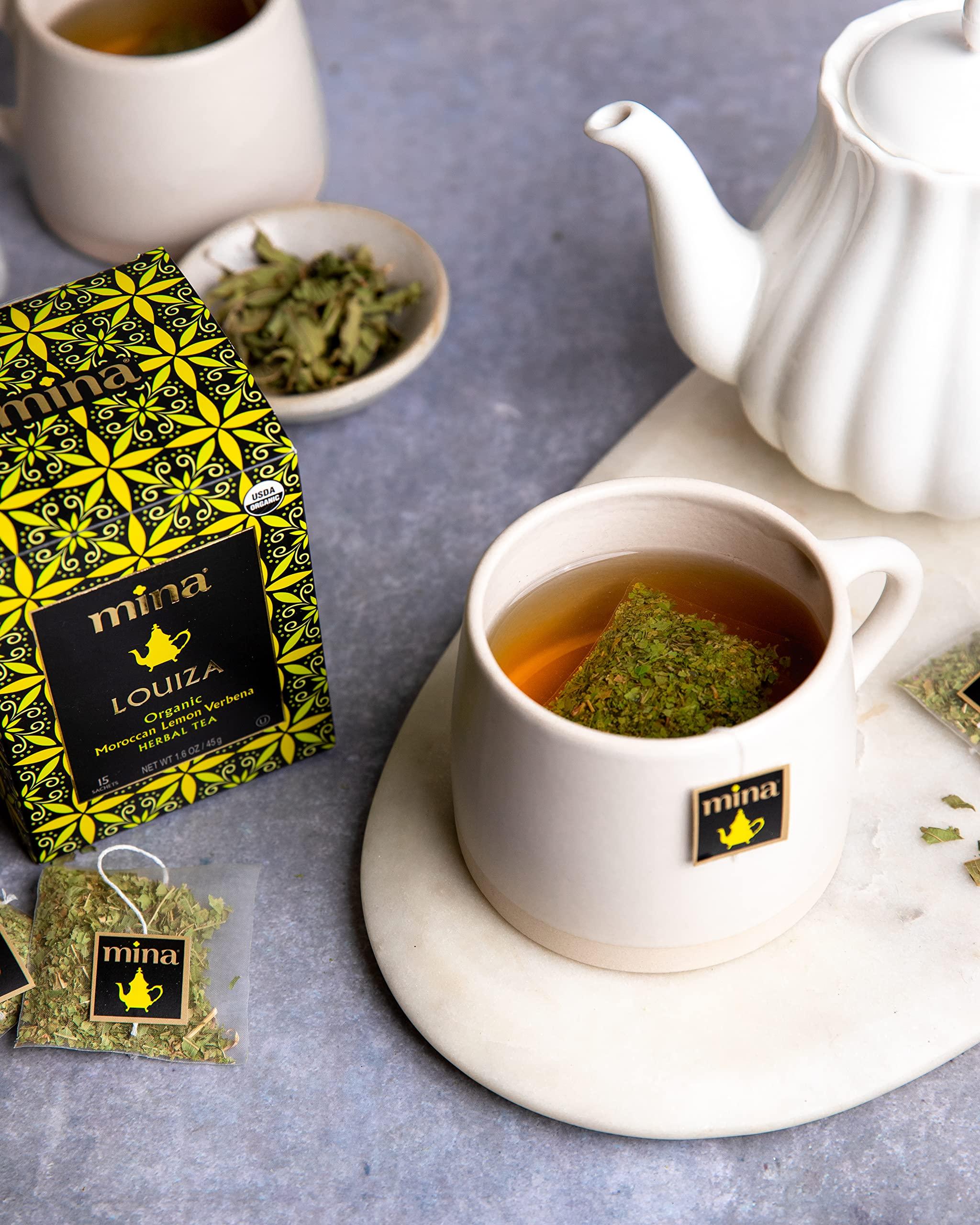 Mina Mina Louiza, Organic Moroccan Lemon Verbena Tea, Organic Herbal Tea Bags, 15 Biodegradable Sachets (6 Pack), Refreshing Lemon Tea Bags, Caffeine Free, Moroccan Lemon Verbena Tea Bags