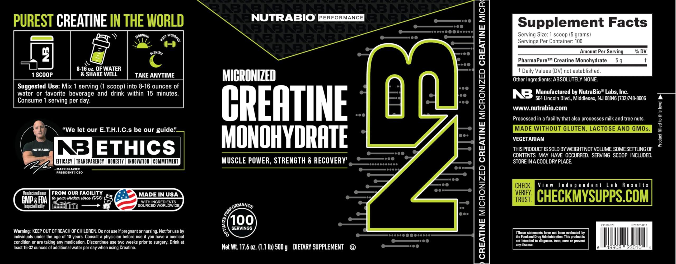 NutraBio NutraBio Pure Creatine Monohydrate Powder Supplement, Unflavored, (500g) - Supports Bulk Muscle Energy, Recovery, and Strength - for Men and Women