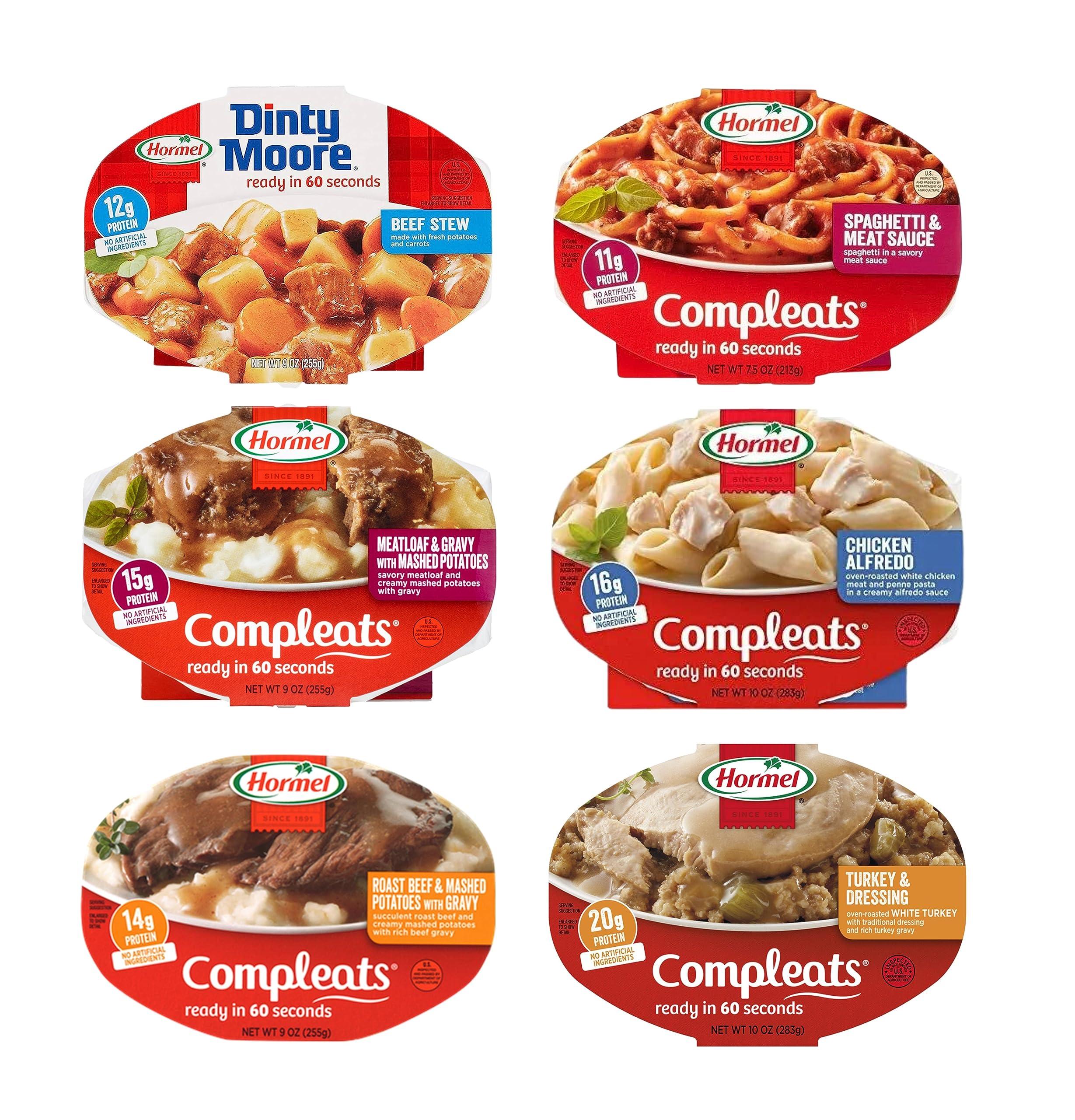 Hormel Hormel Compleats Meals - Variety Flavors (6 Count - 7.5 to 10 Ounce Microwavable Bowls) - Beef Stew, Meatloaf, Roast Beef, Spaghetti, Chicken Alfredo, Turkey Dressing