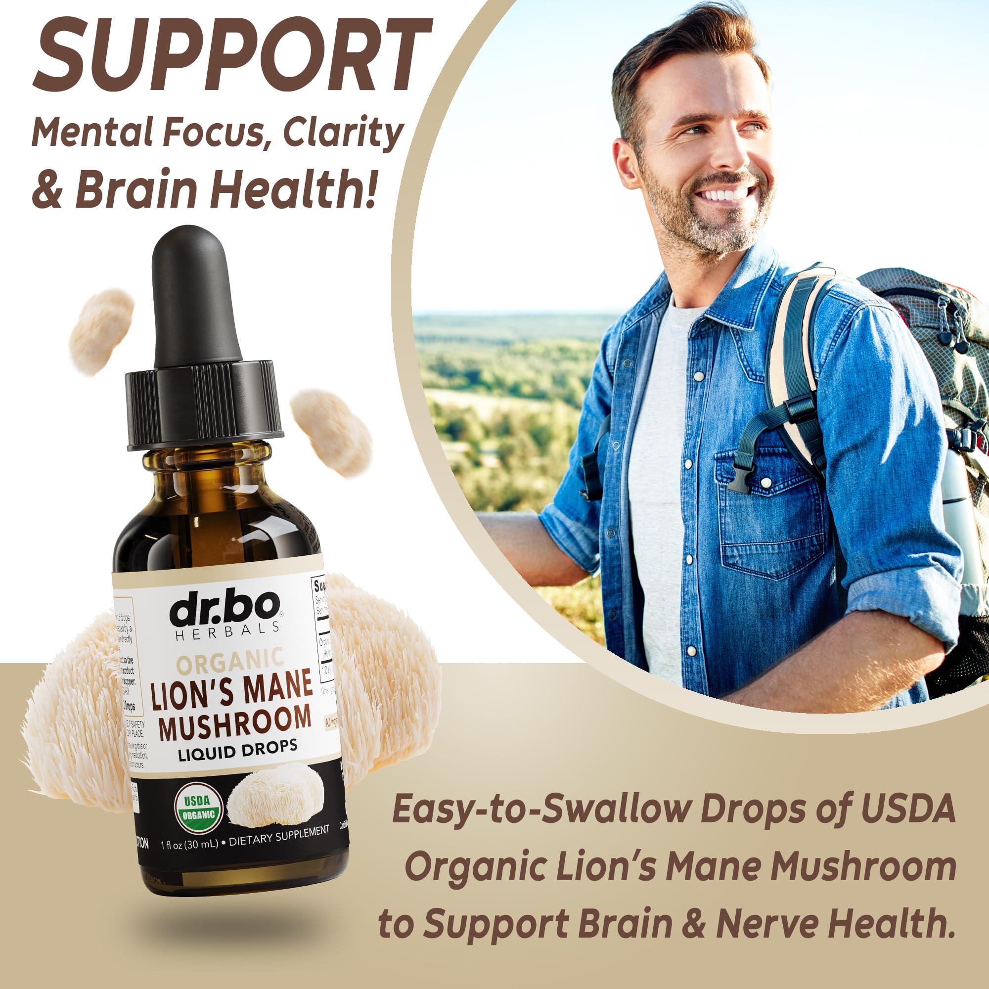 DR. BO Lions Mane Mushroom Supplement Drops - Organic Lion\'s Mane Mushroom Liquid Tincture for Focus, Fog Brain Health Supplements - Vegan Herbal Nervine Nootropic Organic Lions Liquid Supplement Extract 1oz