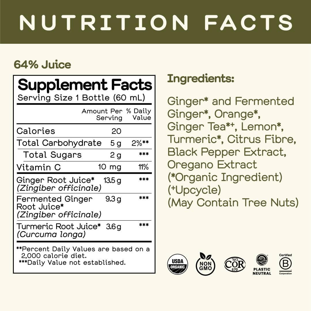 GREENHOUSE JUICE CO. Greenhouse Juice Ginger Shots Organic Fiery Ginger Wellness Shot, Cold Pressed with Turmeric Pepper Vitamin C Ginger Juice Immunity Shots Vegan & Gluten-Free (2 Oz, Pack of 24)