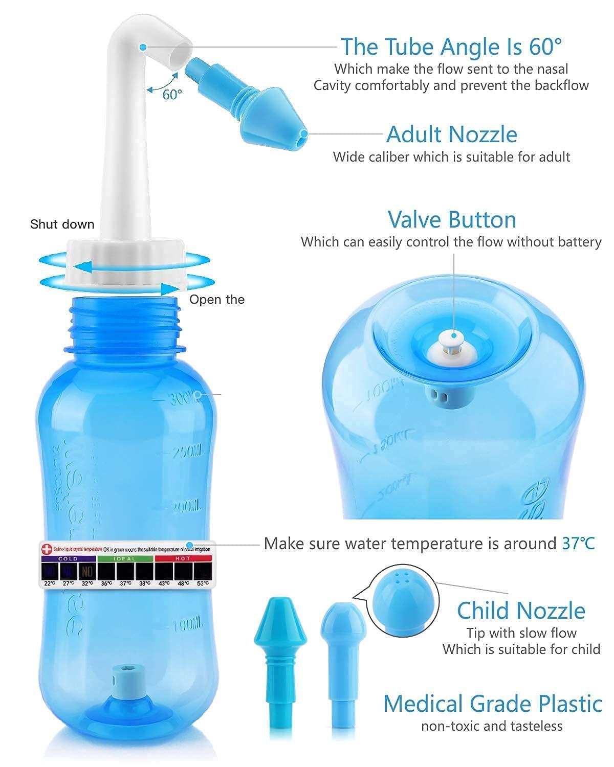 Darate Darate Neti Pot Sinus Rinse Bottle, Nose Wash Cleaner Pressure Rinse Nasal Irrigation for Adult & Kid BPA Free with Sticker Thermometer (300ml)