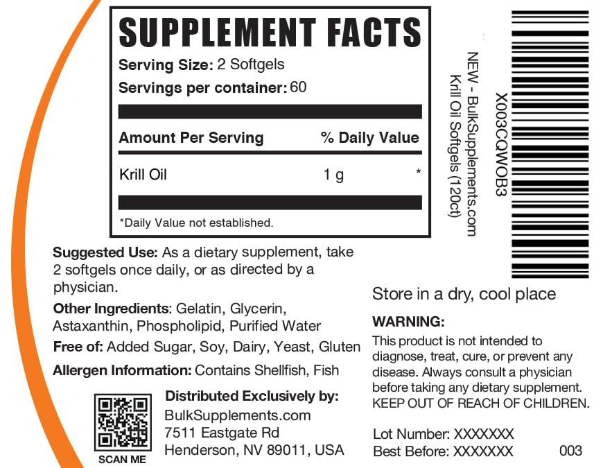 BULKSUPPLEMENTS.COM BulkSupplements.com Krill Oil 1000mg Softgels - Krill Oil Supplement, Antarctic Krill Oil, DHA Supplements - Krill Oil Omega 3, 2 Krill Oil Softgels per Serving (1000mg), 120 Softgels