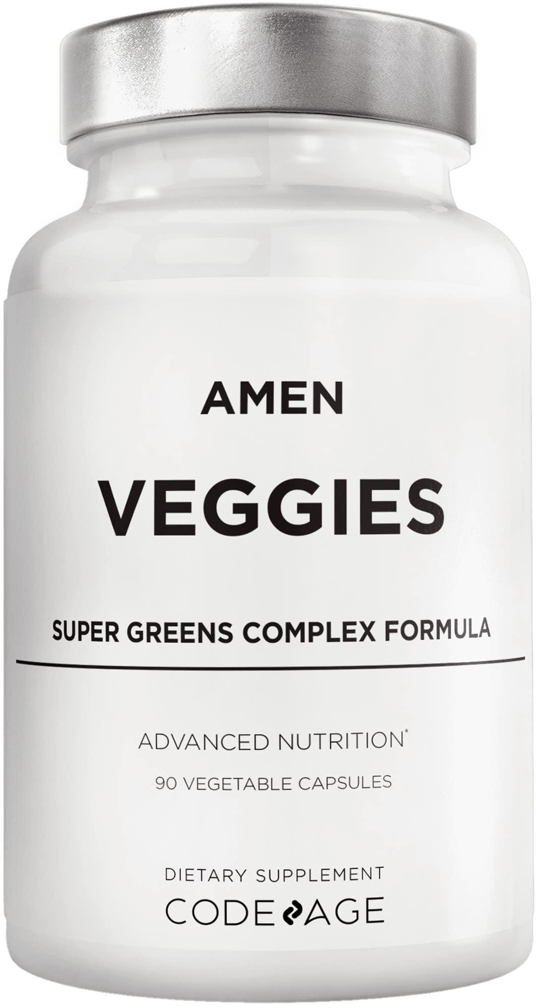Amen Amen Veggies, Daily Veggies Vitamins Supplement, Vegetables Vegan Blend & Whole-Food Raw Greens Multivitamin Capsules, Mushroom Complex, Superfood, Minerals, Green Vegetable Nutrients, Non-GMO, 90 ct