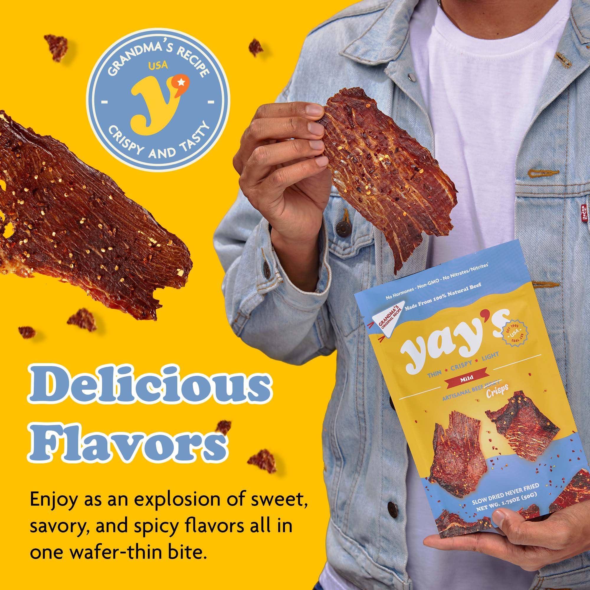 Yay\'s Yay\'s Snacks Sweet and Spicy Beef Crisps | Crispy, Crunchy, High Protein Snacks | Mild Beef Jerky with 24G Protein Snacks Per Bag | Healthy Meat Snacks Non-GMO, USA Made - 3 Packs (1.75 Oz Each)