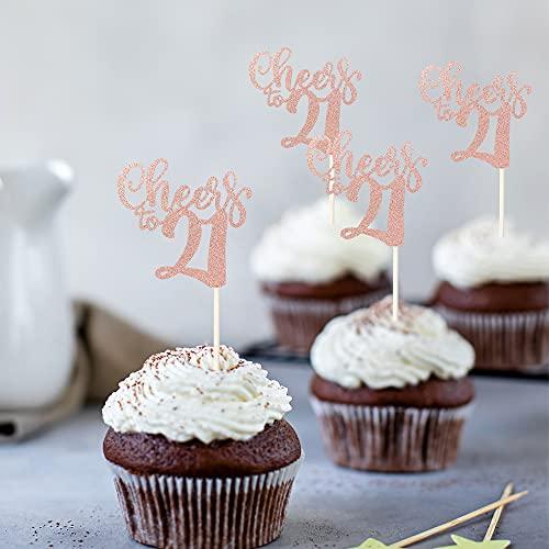 ZHUOWEISM 36 PCS Cheers to 21 Cupcake Toppers Glitter 21th birthday Cupcake Picks Decorations for 21th Wedding Anniversary Birthday Party Supplies Rose Gold