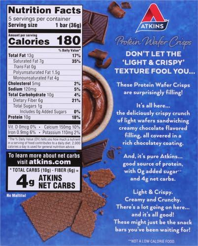 Atkins Atkins Chocolate Crme Protein Wafer Crisps, Protein Dessert, 4g Net Carb, 1g Sugar, High in Fiber, Keto Friendly, 5 Count