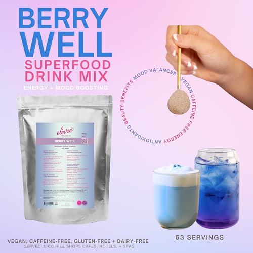 ELEVEN TLC A WELLNESS CO. Eleven TLC, Berry Well Superfood Wellness Drink Latte + Mix, Caffeine-Free, or Herbal Tea, Blue Spirulina, Blue Butterfly Pea Flower, Organic Maca, Keto Friendly, Vegan, 63 Servings