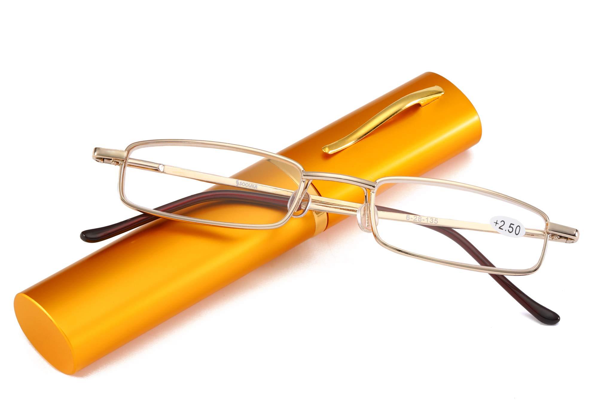 SOOLALA SOOLALA Mens Womens Lightweight Compact Reader Reading Glasses Reader w/Pen Clip Tube Case, Yellow, +1.0x