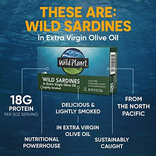 Wild Planet Wild Planet Wild Sardines in Extra Virgin Olive Oil, Lightly Smoked, Tinned Fish, Sustainably Caught, Non-GMO, Kosher, Gluten Free, 4.4. Ounce (Pack of 12)