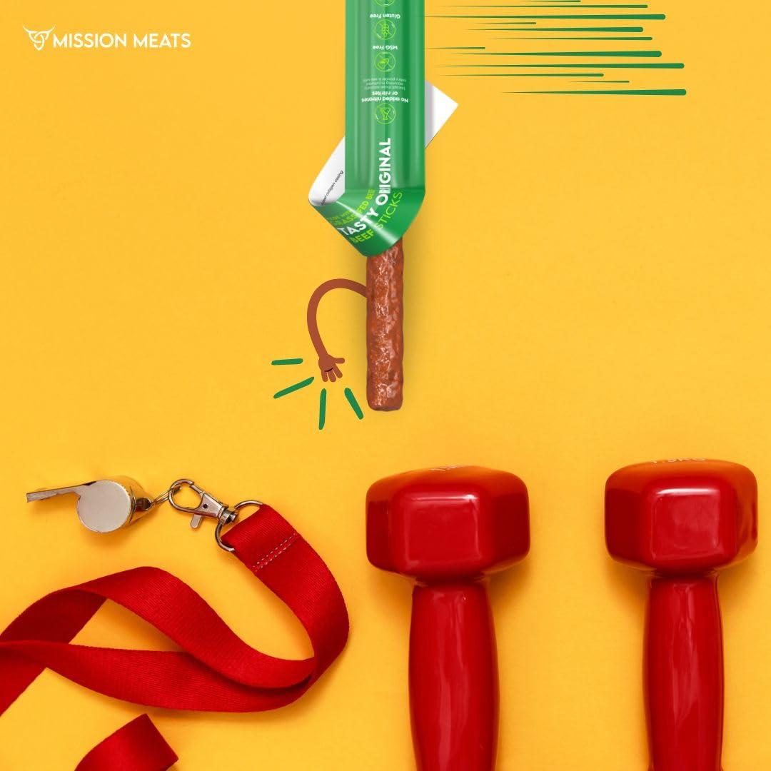 EST. 2015 MISSION MEATS Mission Meats Beef Sticks 100% Grass Fed & Pasture Raised, Zero Sugar, Gluten Free, Meat Sticks Individually Wrapped, Healthy Snacks, Whole 30 & Paleo Friendly, Original 1oz (Pack of 48)