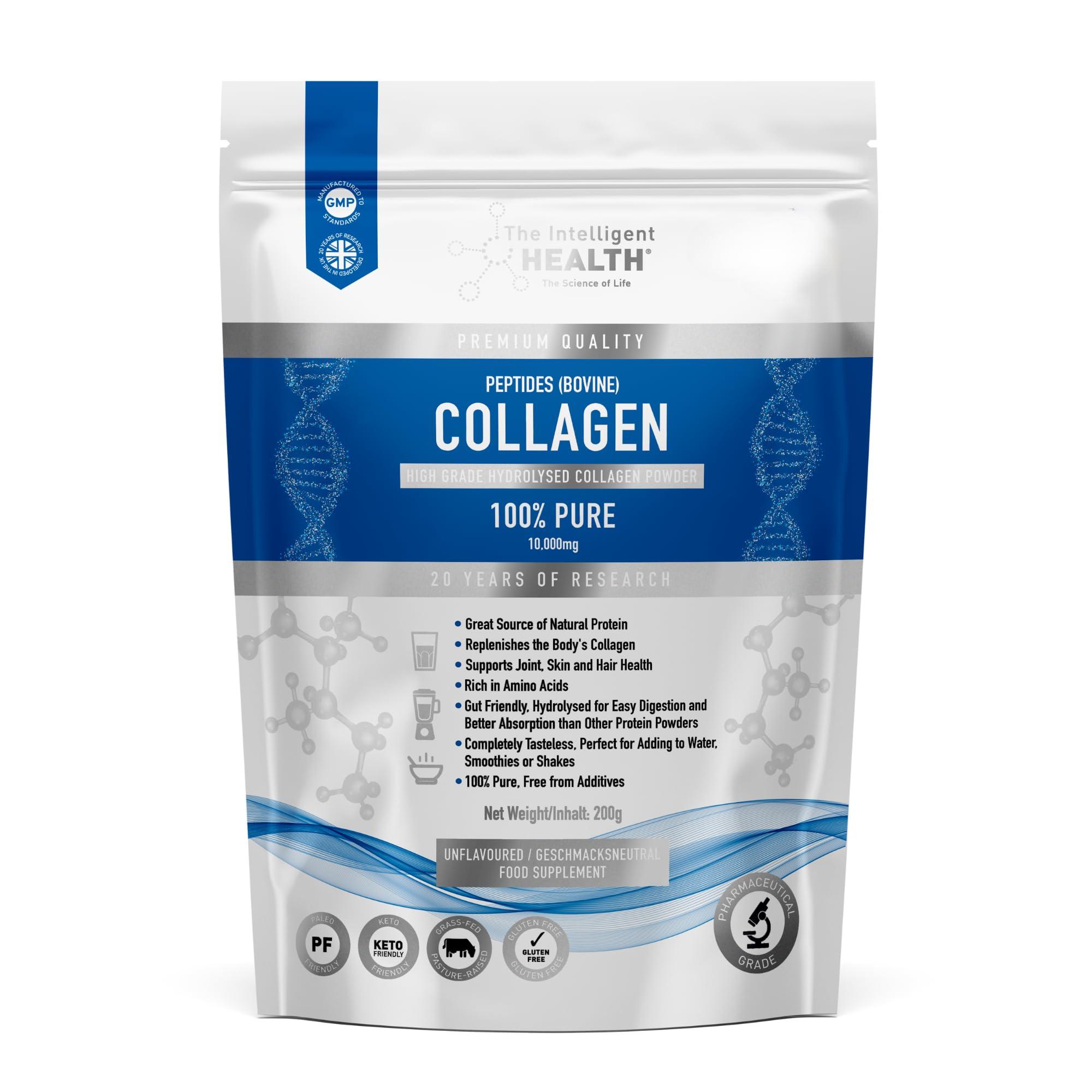 The Intelligent Health The Intelligent Health Hydrolyzed Collagen Peptides Powder, Grass Fed, High Protein, Unflavored, Gluten-Free, Paleo & Keto Friendly, 10g per Serving (200g) Supports Skin, Hair, Nails, Joints, & Bones