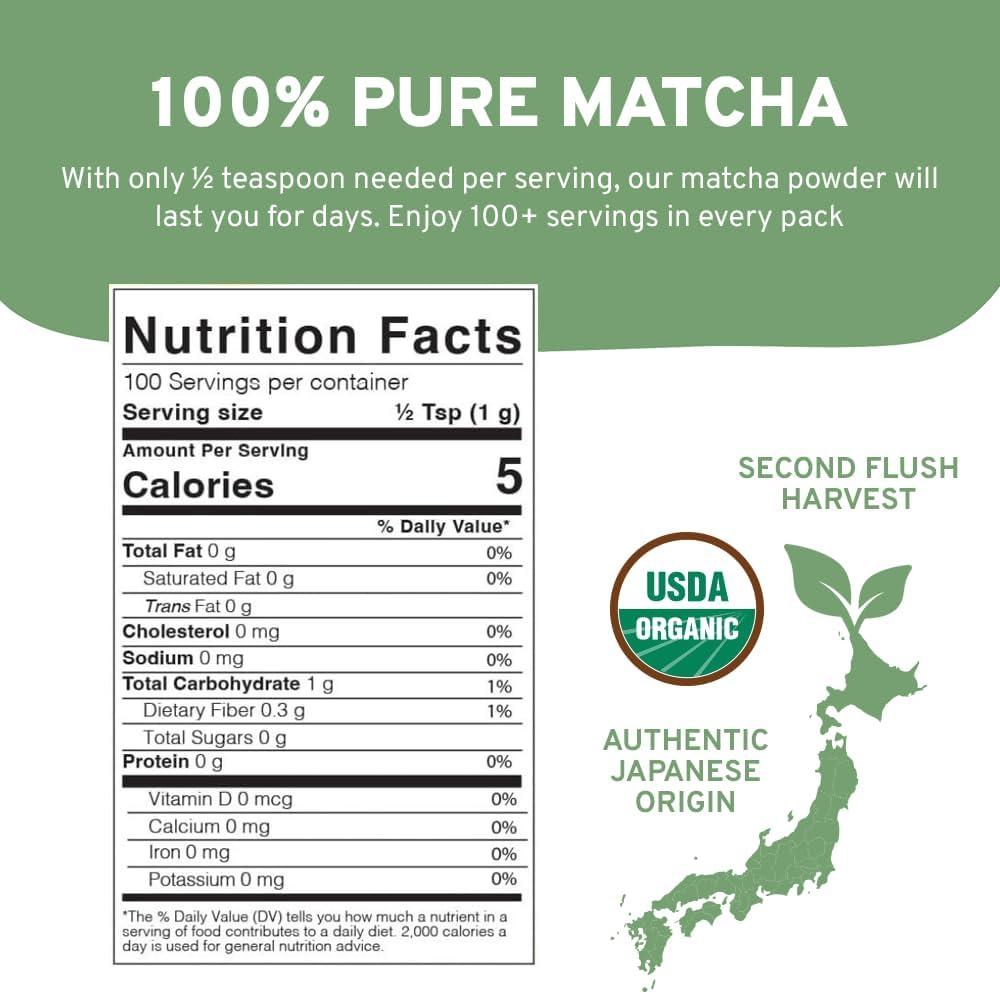 HANDPICK HANDPICK Japanese Organic Matcha Green Tea Powder (100 Servings) - Authentic Premium Second Flush Harvest | Resealable Ziplock Pouch