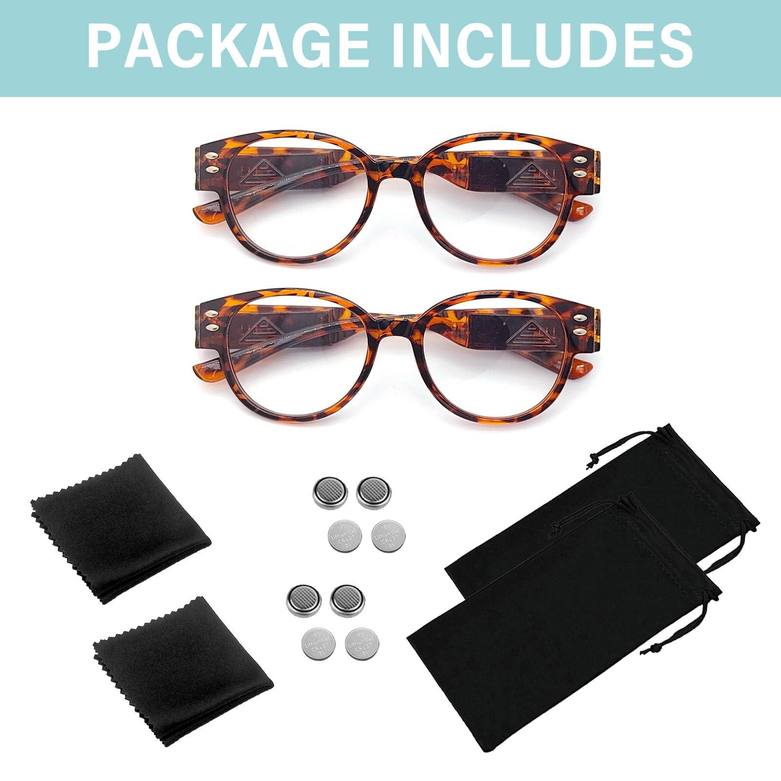 DuanMei 2 Pack Magnifying Glasses with Light Reading Glasses with Lights Bright LED Readers Lighted Reading Glasses Blue Light Blocking Glasses Magnifier Nighttime Reader for Women Men Lighted Eyeglasses+200