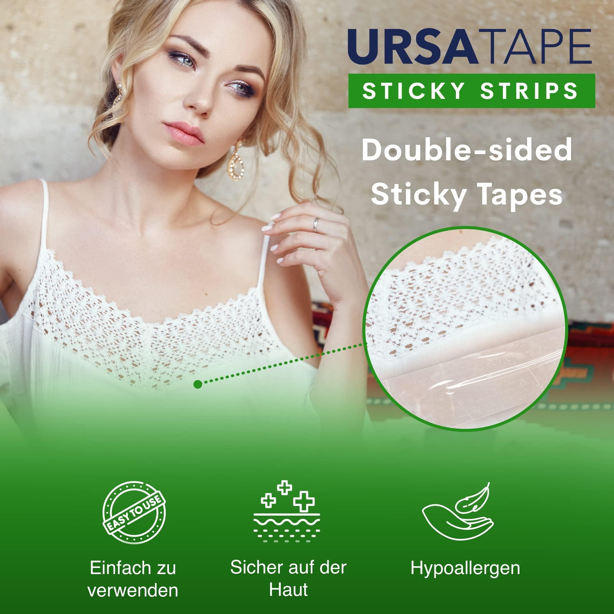 URSA Straps URSA Tape Sticky Strips No-Residue Clear Hollywood Fashion Tape for Women Double Sided | for Costumes, Dresses, Shoes & More | Body Tape for Delicate Skin, Double Sided Fabric Tape for Clothes 60 Pack