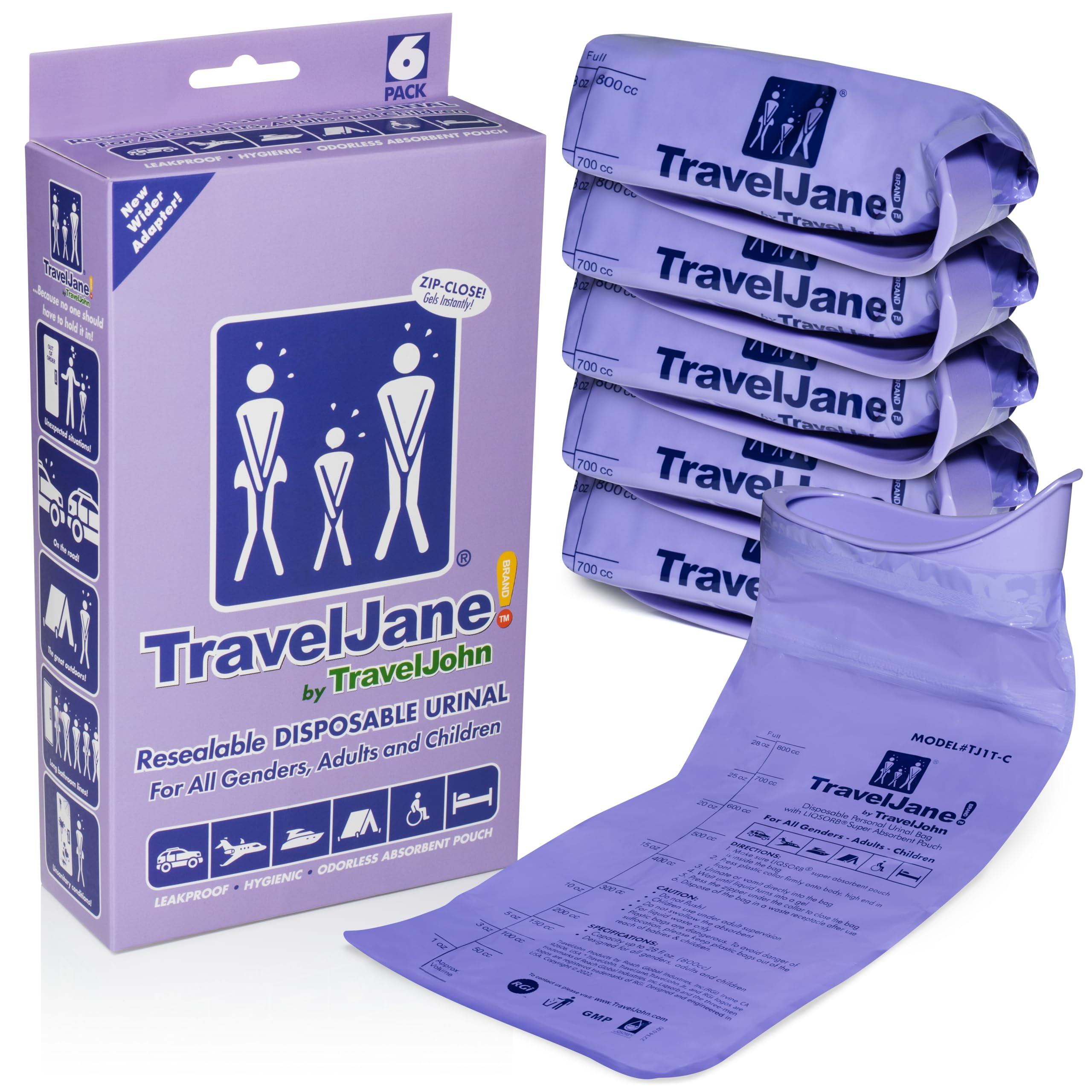 TravelJohn TravelJane Resealable Disposable Urinal for All Genders, Adults, and Children (6 Pack) Designed for Emergencies, Travel, Camping, Long Car Rides and More - 28oz/800ml Capacity (TJ1T-C)
