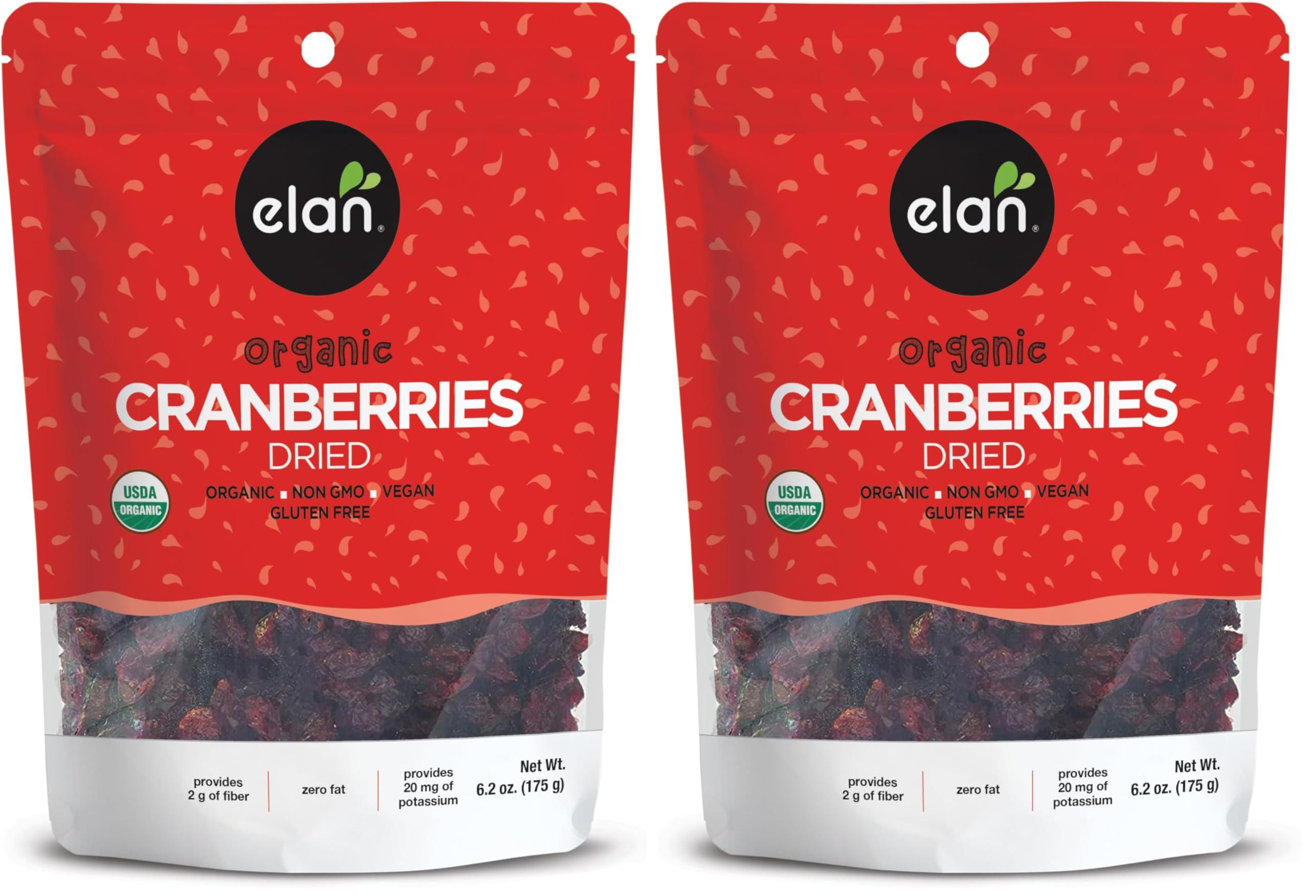 Elan Elan Organic Dried Cranberries, 6.2 oz, Whole Dried Cranberries, No Sulphites, No Fat, Non-GMO, Vegan, Gluten-Free, Kosher, Dried Fruits, Healthy Snacks (Pack of 2)